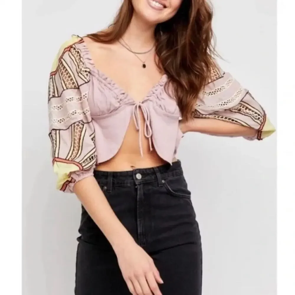 Free People Sunrise Sunset Crochet Cotton Crop, Y2K, Lavender Boho Festival  L